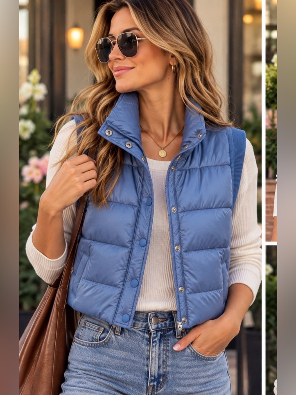 Offline by Aerie Blue Cropped Puffer Vest Ribbed Trim